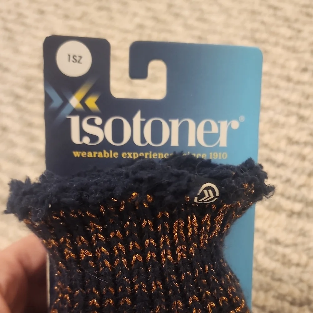 Isotoner Women's Smartouch Peacoat Navy Blue Metallic Gold Mittens - Picture 2 of 4